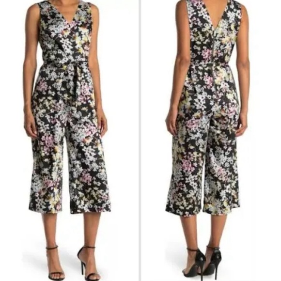 TED BAKER Jumpsuit ISLANA Wide leg Sleeveless Floral Silky Black Size 3 M - Picture 1 of 16